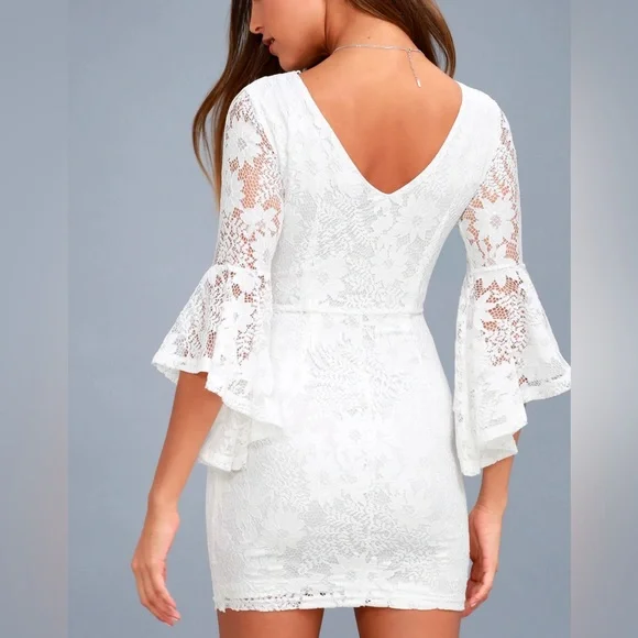 Lulus Allure 'Em In White Lace Bell Sleeve Bodycon Boho Fairycore Mini Dress - Picture 4 of 16